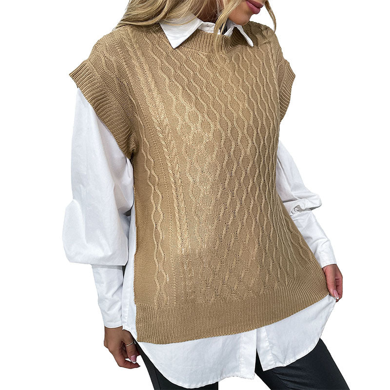 Early Autumn Fashion Women's Solid-Color Short-Sleeved Knitted Twist Sweater Vest Woman