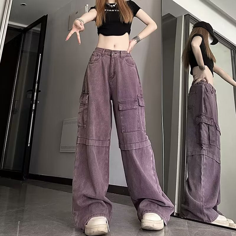 Plus-Size Retro Purple Cargo Jeans Female Spring Summer Spice High-Waisted Baggy Wide-Leg Pants Mop Pants
