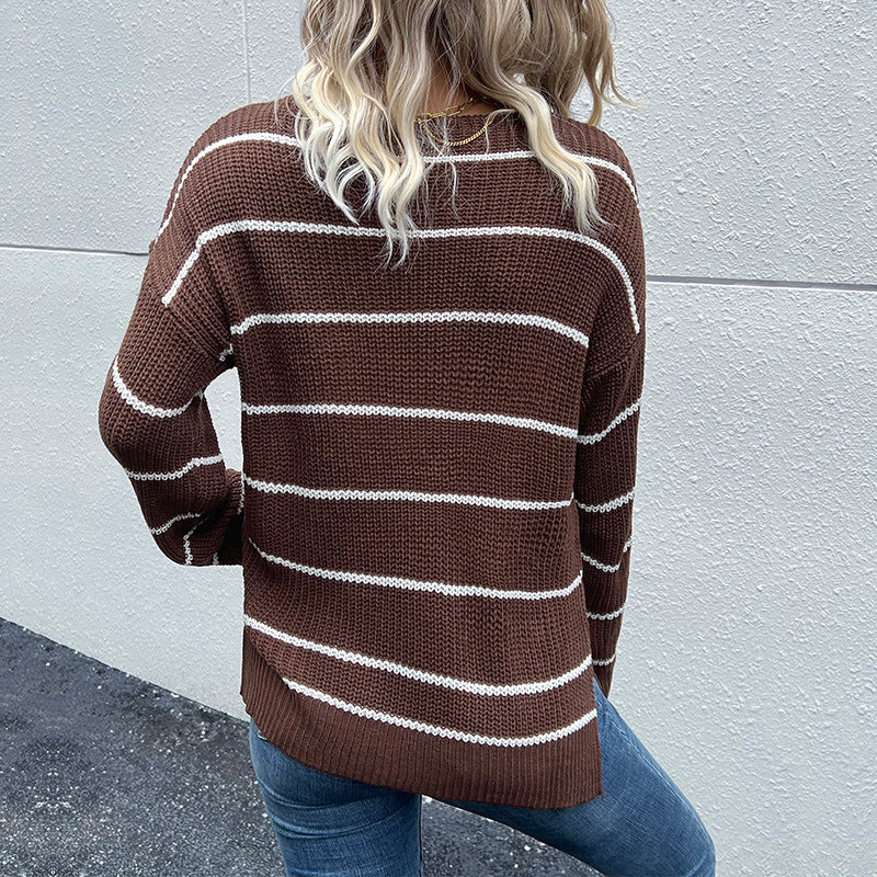 New Autumn And Winter Casual Fashion Women's V-Neck Long Sleeve Striped Sweater Woman