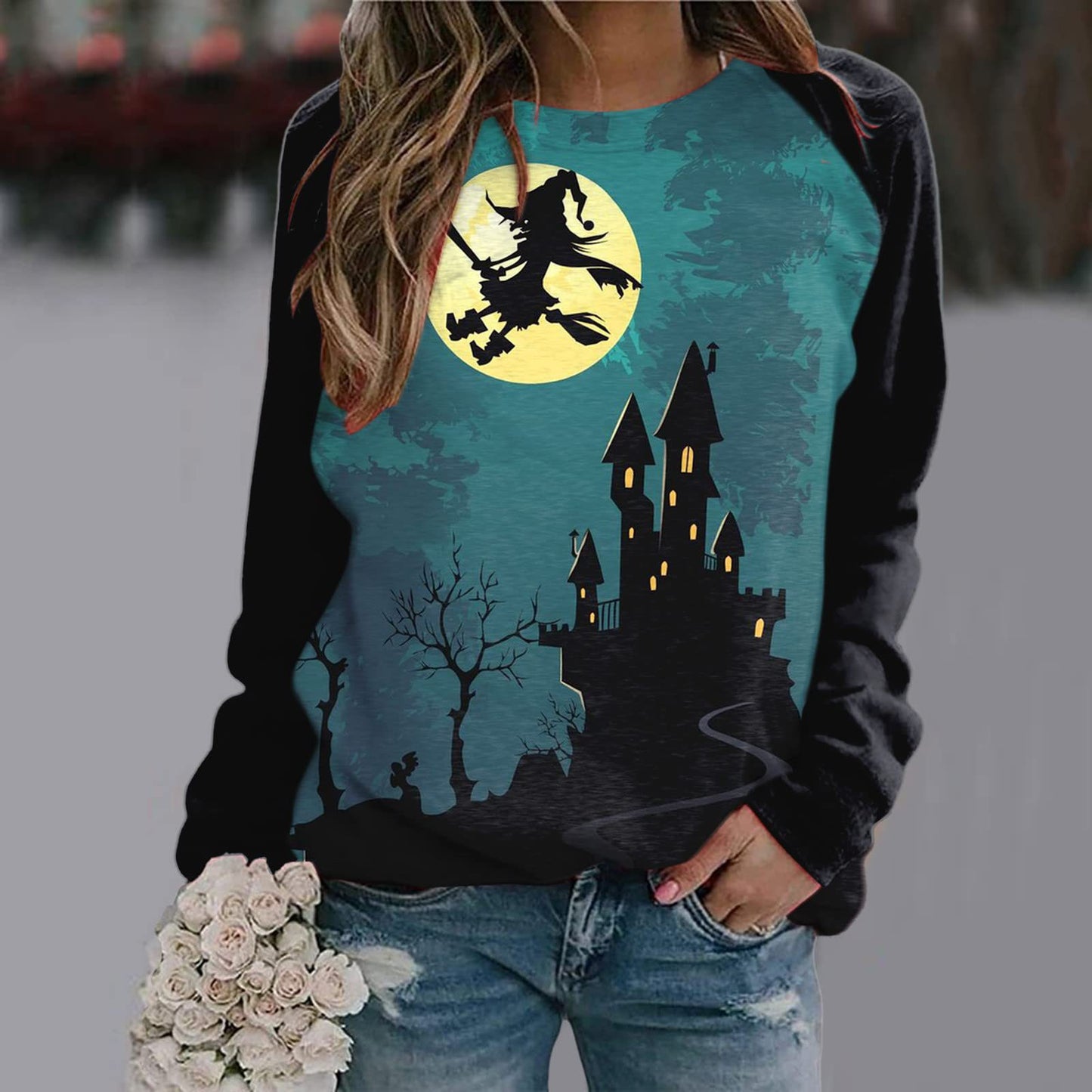 New Women's Halloween Christmas Women's Clothing 3D Three-Dimensional Printed Castle Dark Round Neck Hoodie