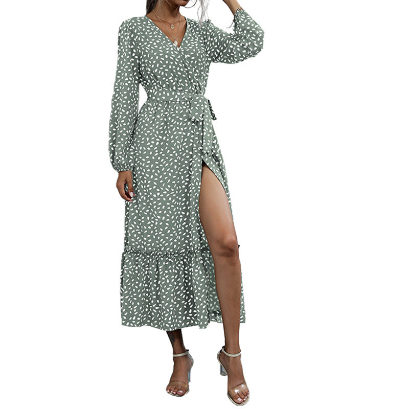 Women's Temperament Long Dress Split Green Floral Dress Autumn And Winter