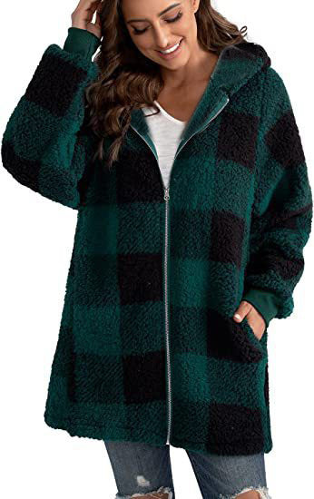 Plush Women's Coat New Long-Sleeved Plaid Hooded Zipper With Pocket Loose Coat