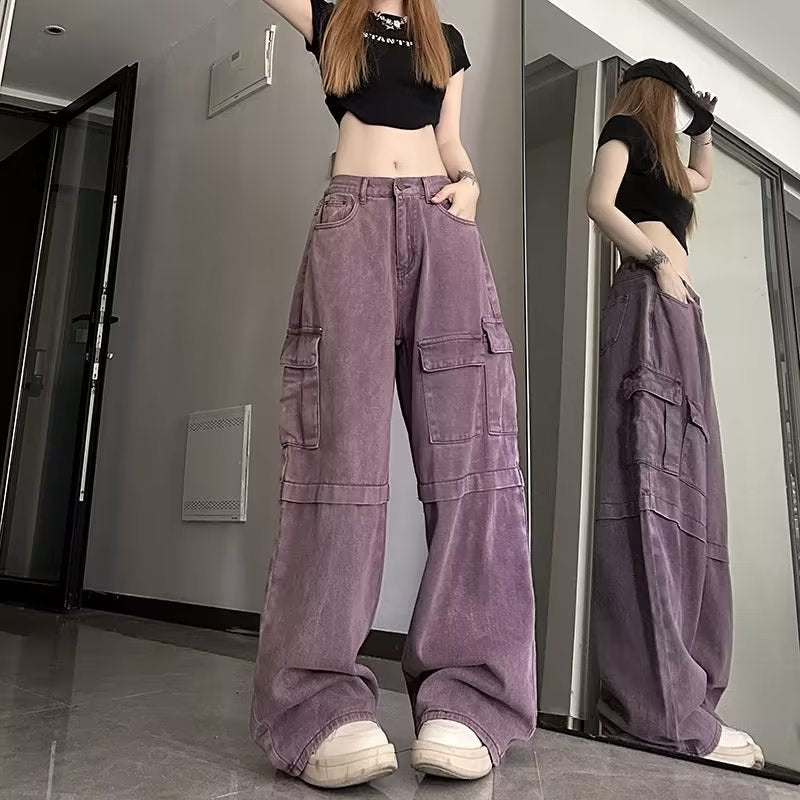 Plus-Size Retro Purple Cargo Jeans Female Spring Summer Spice High-Waisted Baggy Wide-Leg Pants Mop Pants