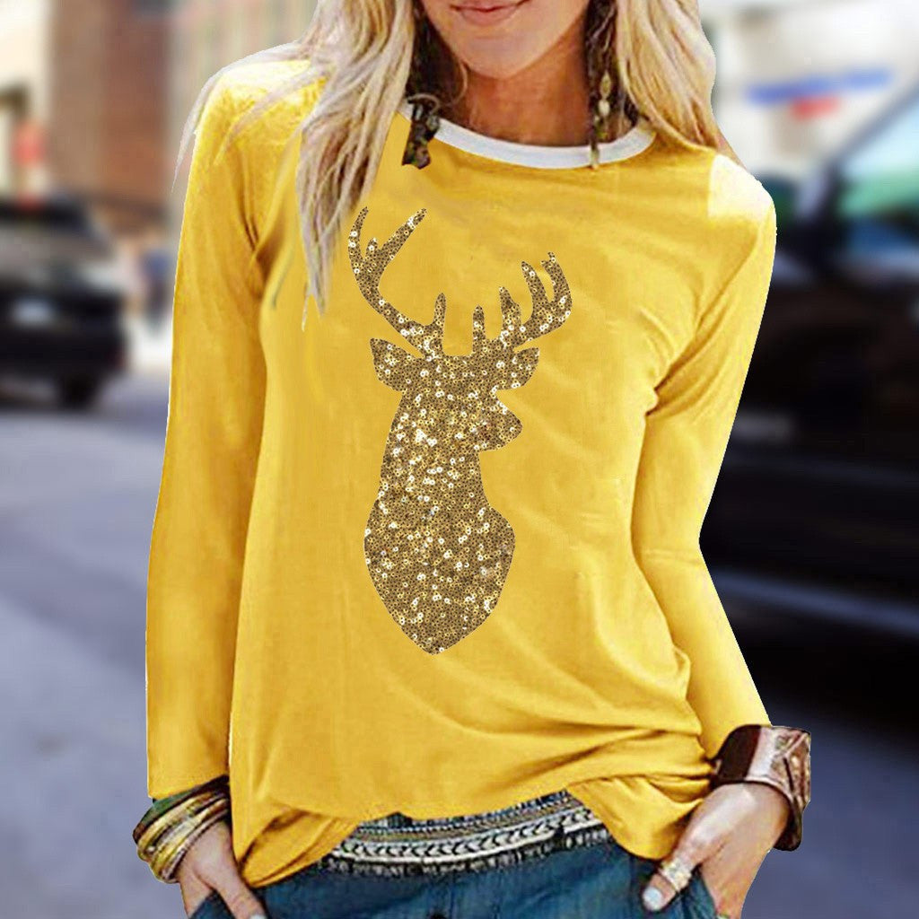 Cross Fall New Ladies Christmas Sequined Antler Print Ladies Fresh Sweet Long Sleeve T-Shirt