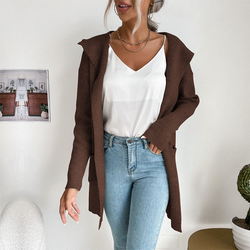 Autumn and Winter Women's Hooded Knitted Sweater Cardigan Coat
