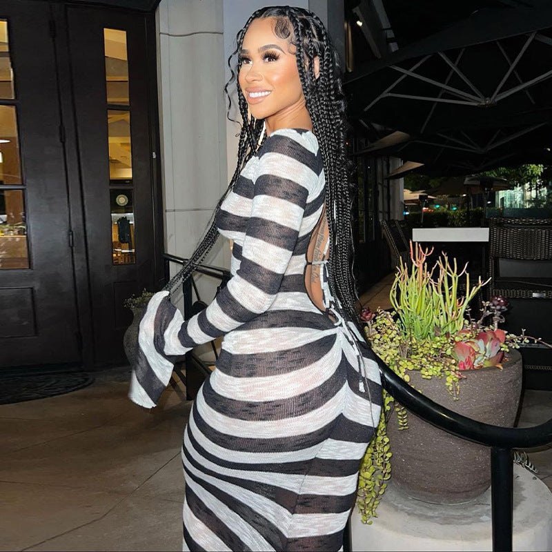 Long Sleeve Deep V-Neck Perspective Dress Sexy Striped Long Dress Slim Size Fat M Backless Skirt