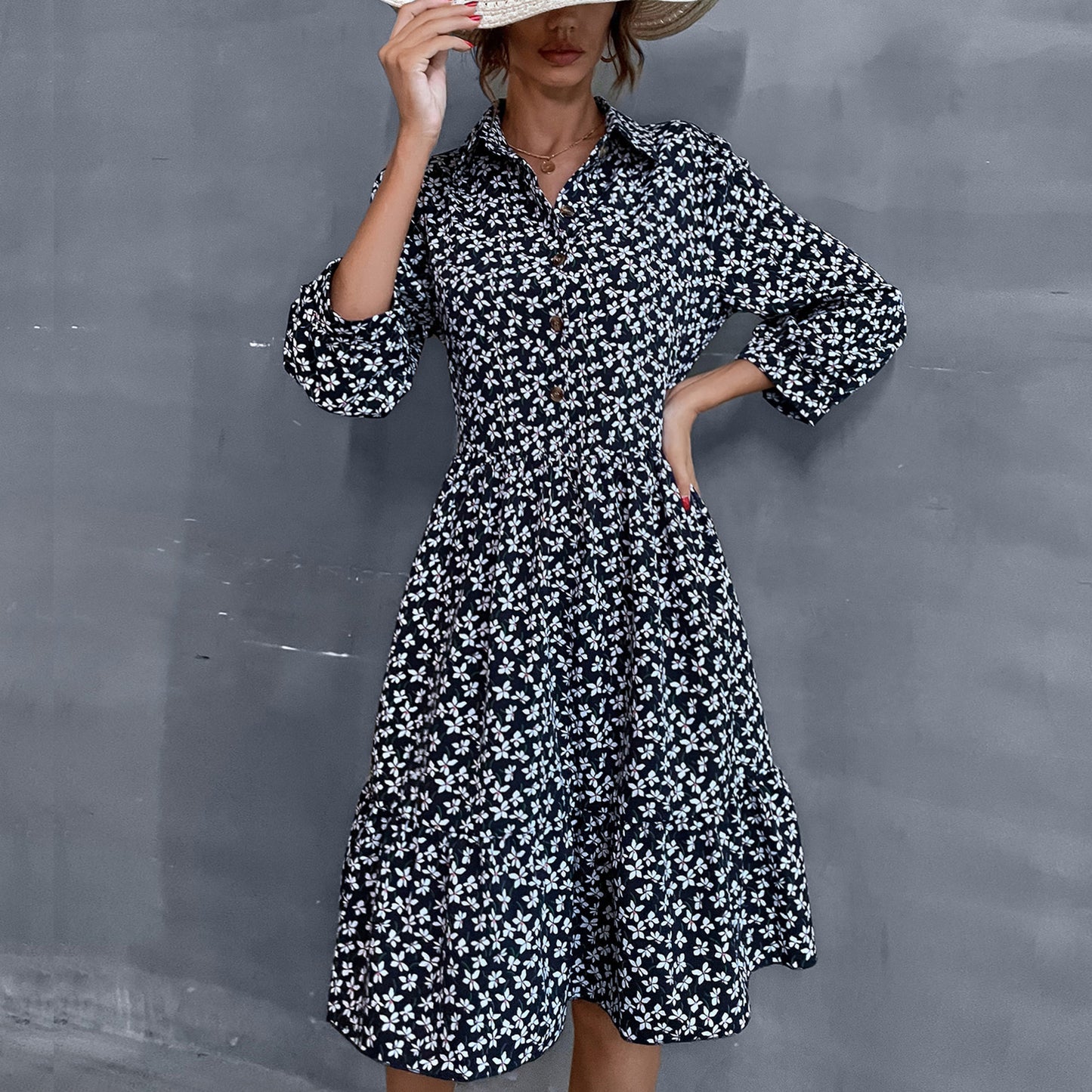 Autumn Winter Lapel Women's Long-Sleeved Floral Shirt Dress