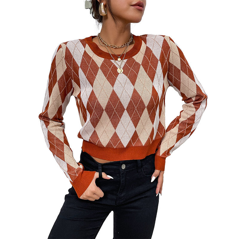 Autumn And Winter Chic Women's Long-Sleeved Ringer Check Sweater