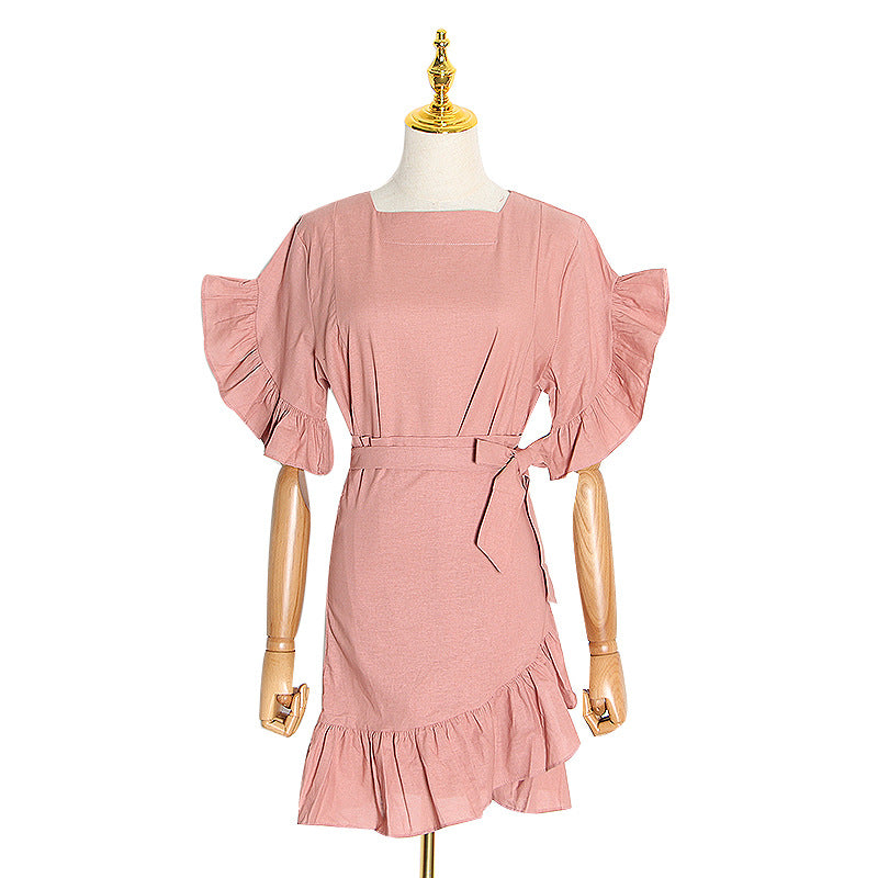Fashion Adjustable Belt Ruffled Stitching A Line Skirt Spring New Cotton And Linen Dress Women's Tide