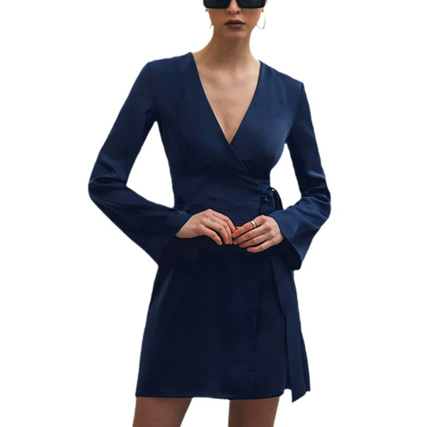 Navy Blue Imitation Acetate Butyl V-Neck Strap Temperament Dress Spring New Fashion Woman