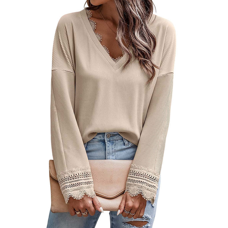 Thin Simple With A Solid Color Knitted Shirt Women Early Autumn New Lace Lace Edge V-Neck Long Sleeve Top Women