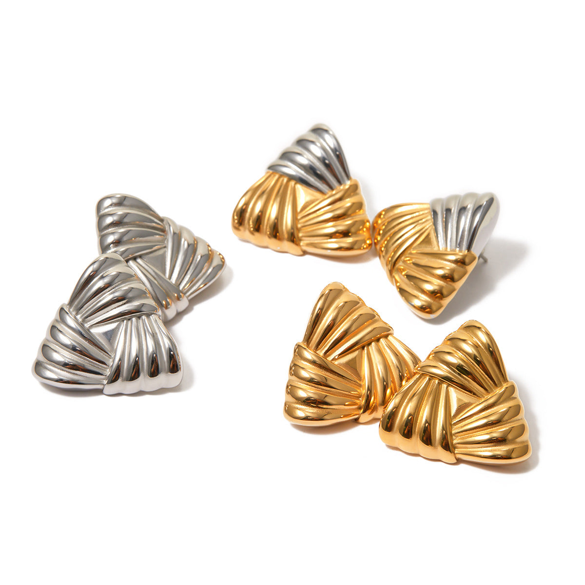 5pcs Geometry 18K Gold Stainless Steel Braided Texture Matching Color Triangle Studs Simple Earrings Cool Wind