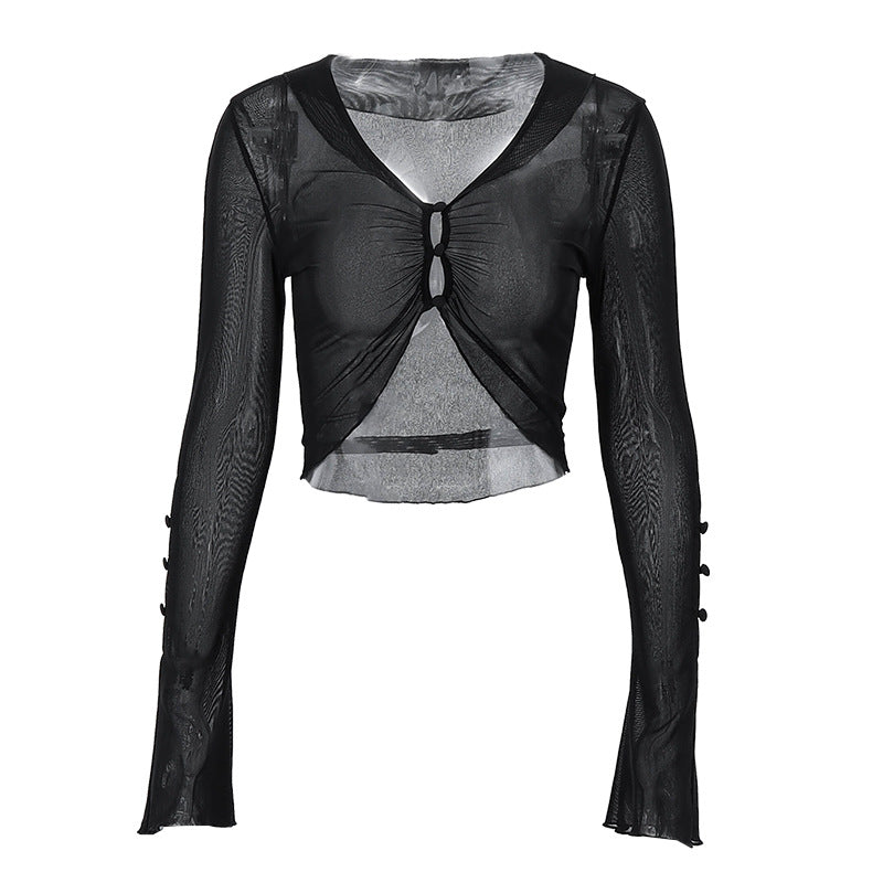 Autumn Fashion Sexy Pure Desire Spice Girl See-Through Gauze Slim Long Sleeve Blouse Woman