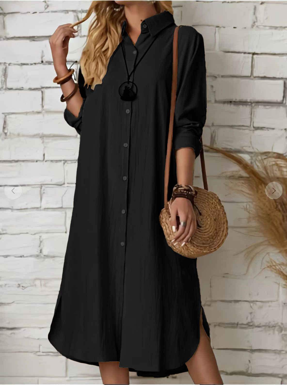 Cotton Linen Solid Color Lapel Long Sleeve Simple Loose Casual Long Shirt Dress
