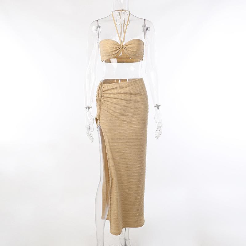 Summer New Sexy Halter Beauty Back Crop Wrap Chest Women's Split Dress Two-Piece Set