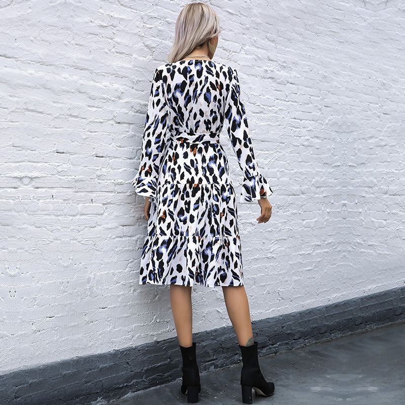 Fashion Women's Temperament Print Leopard Print Long-Sleeved Dress Autumn And Winter