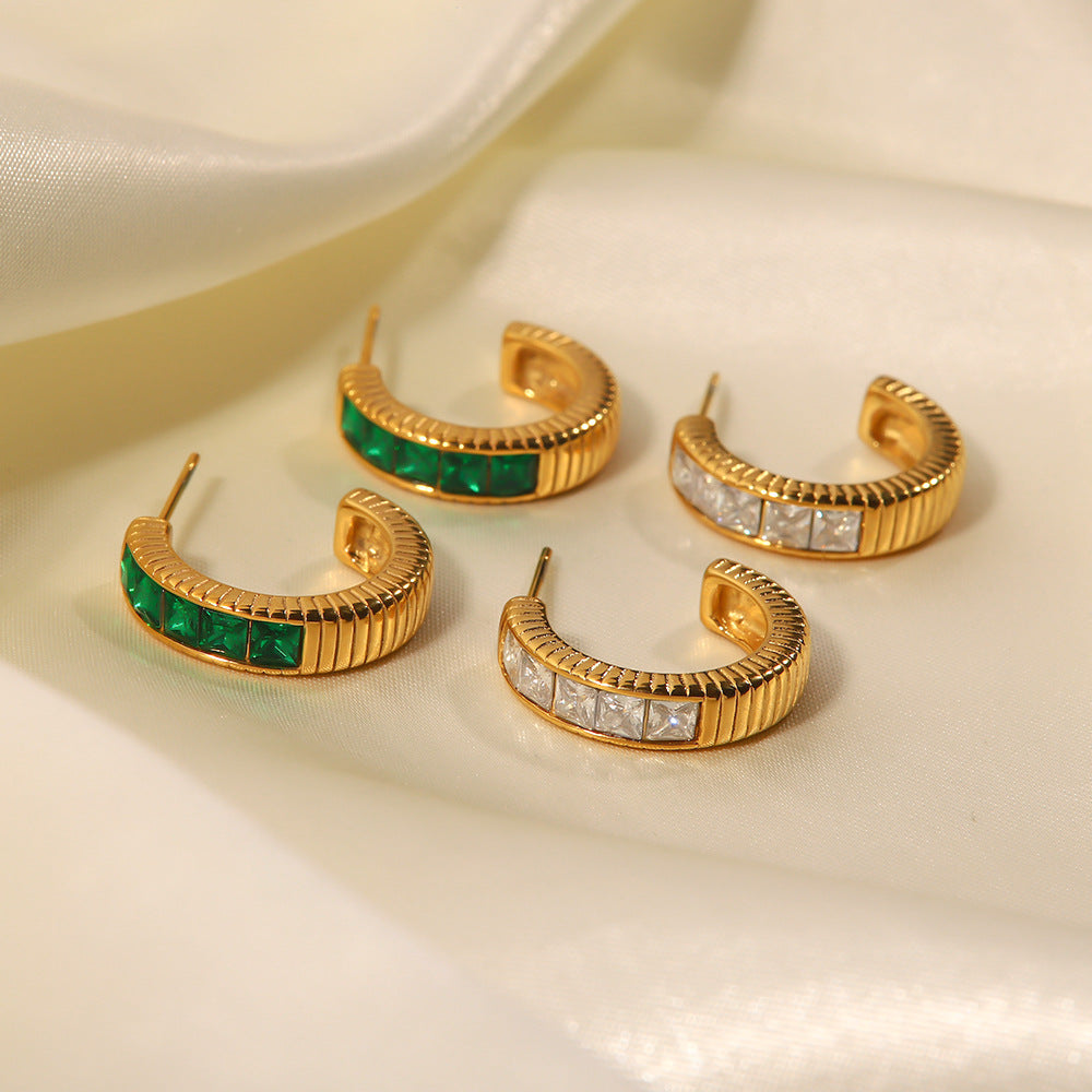 5pcs 18K Gold Stainless Steel Five Square Green Zircon Inlaid Thread C-Shaped Earrings Light Luxury Of All Matching Earrings