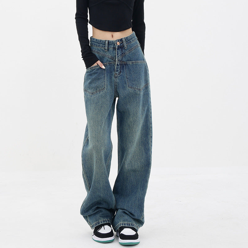 Retro Wash Straight Leg Jeans Women's Spring And Fall New Loose Wide Leg Mopping Trousers