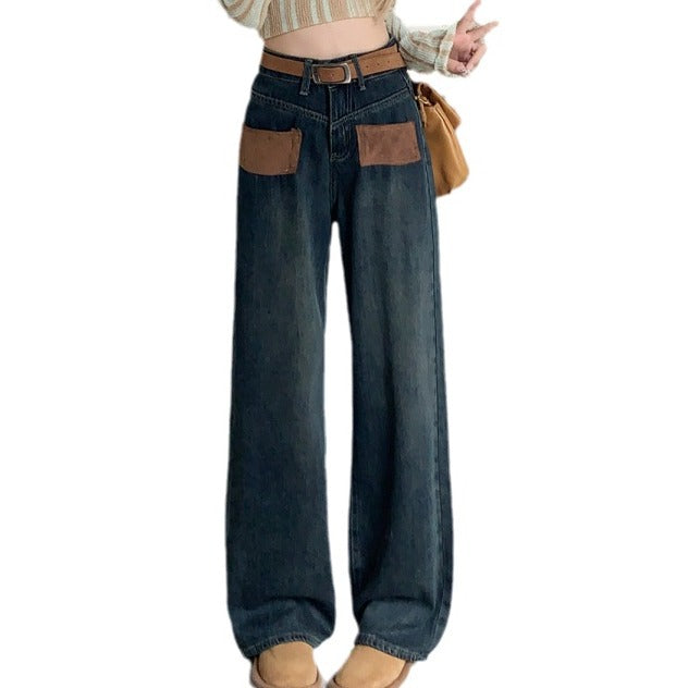Autumn And Winter New High-Waisted Straight Leg Denim Trousers Women's Pocket Loose Wide Leg Mop Pants