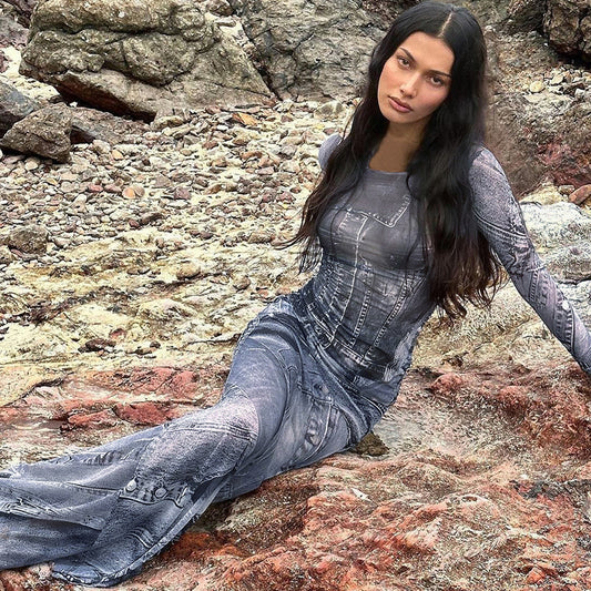 Artsy Vintage Wind Long Tight Skirt Blue Dye Tie Dye Vintage Dress Women's Long Skirt High Fanny Pack Hip Large Size Skirt