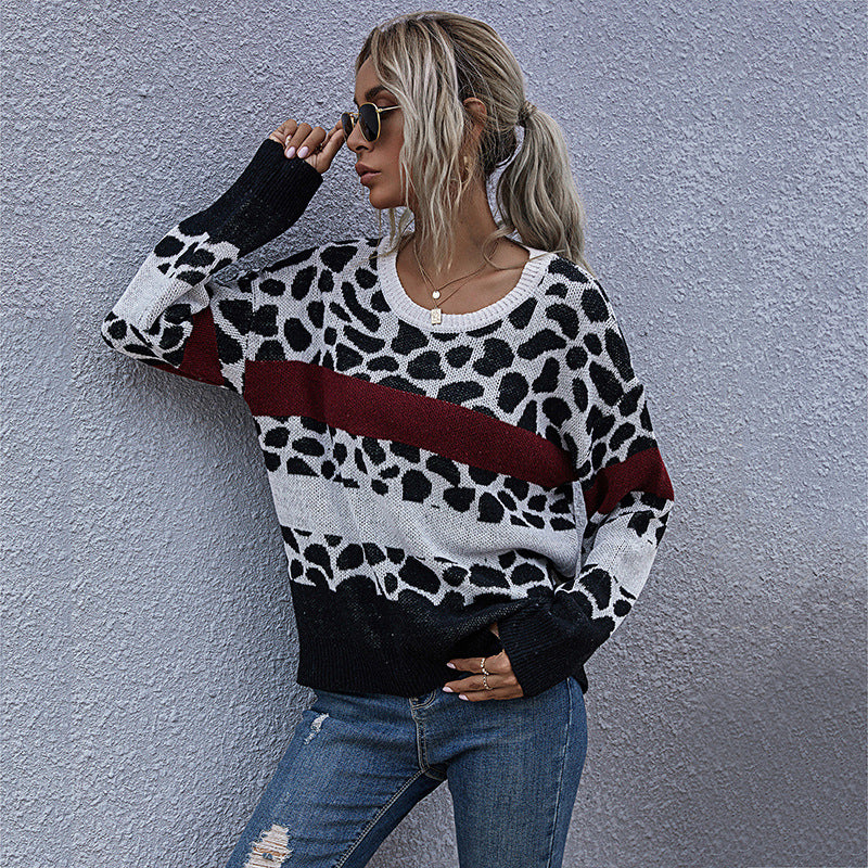 Autumn Loose Leopard Print Knit Crewneck Sweater for Women