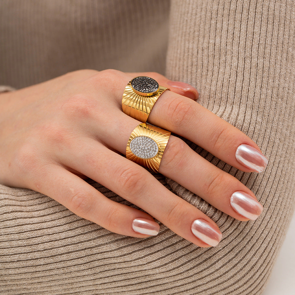 5pcs 18K Gold Radial Black Diamond Exaggerated Stainless Steel Ring Women's All-Match Titanium Steel Jewelry