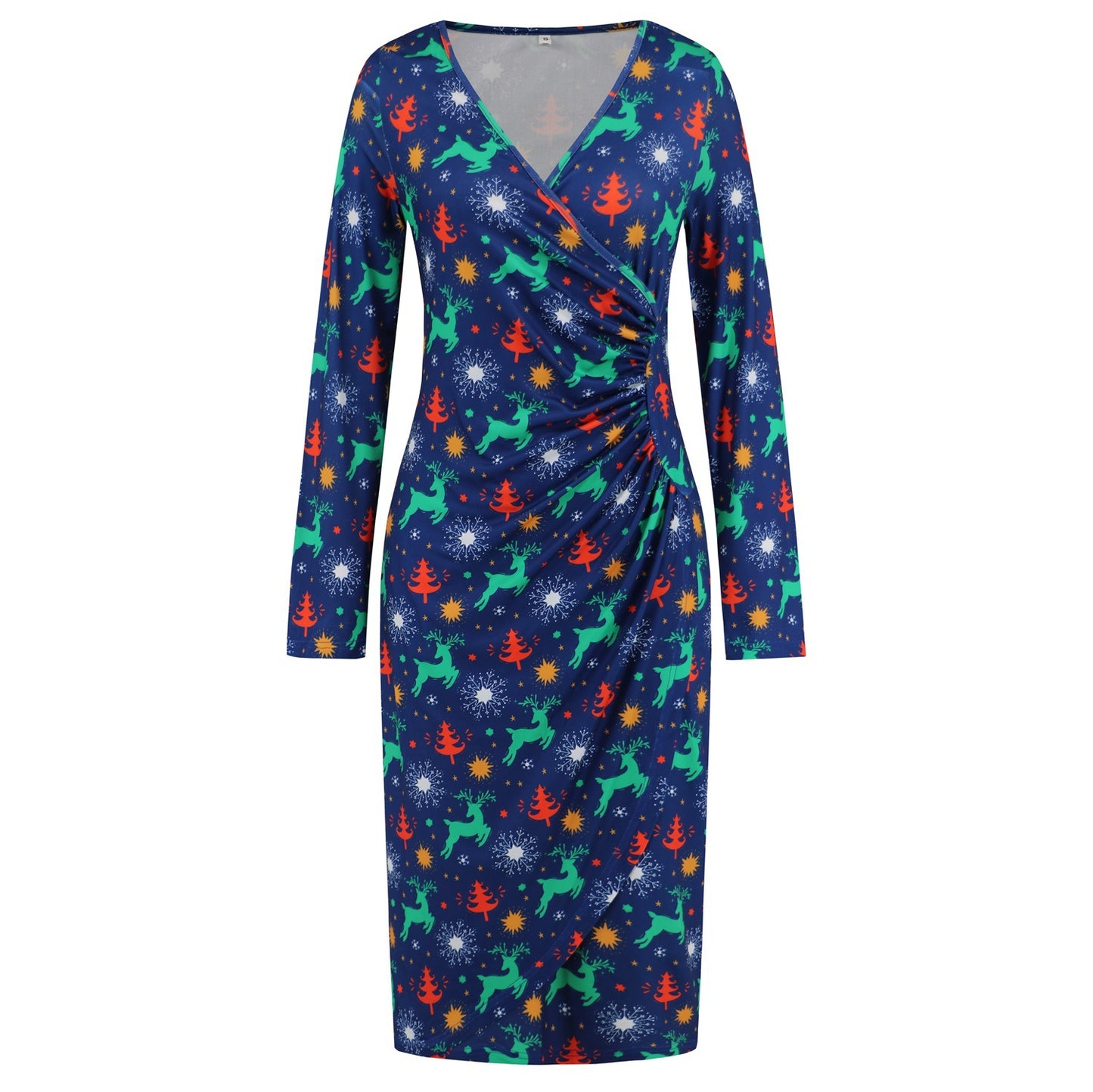 Christmas Printed Dress V-Neck Slimming Slim Dress Autumn And Winter Women's Plus-Size