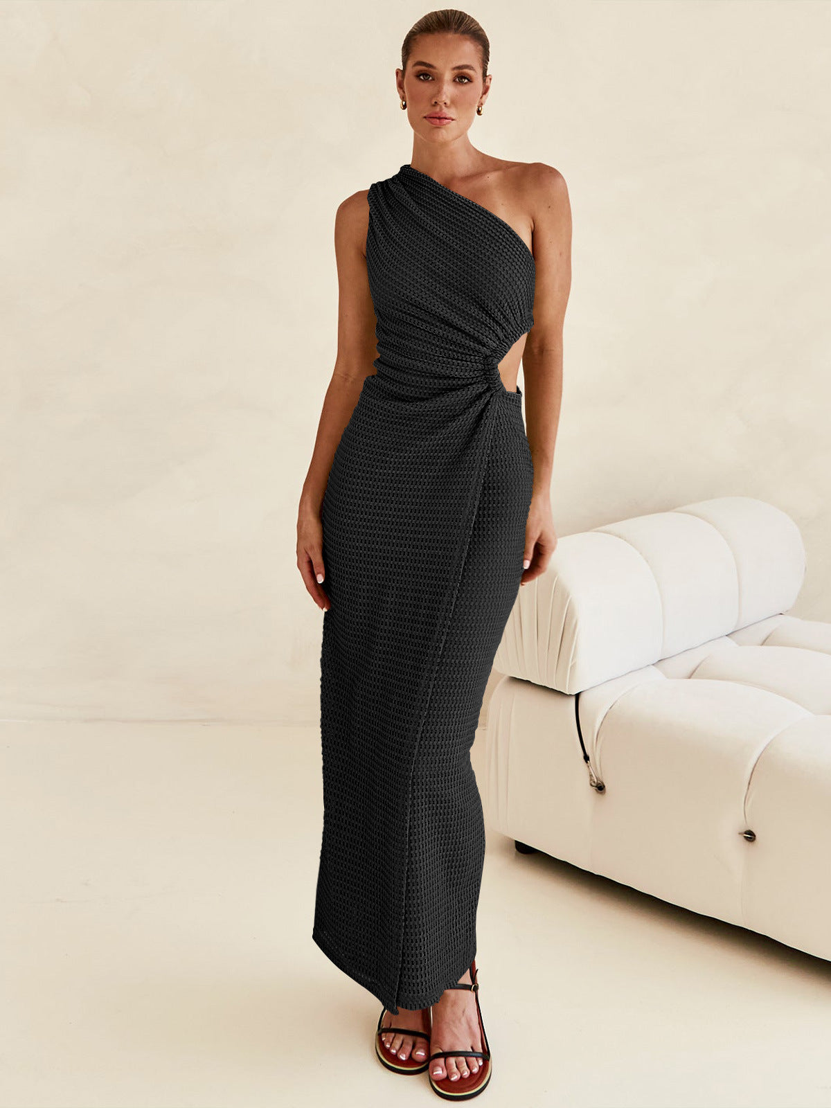 Single Shoulder Hollow Knit Long Dress Senior Sense Women Sexy Bag Hip Skirt Slim Dress