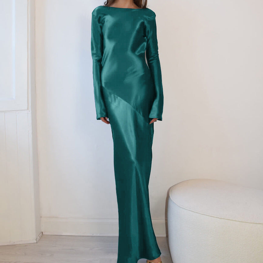 Round Neck Satin Color Ding Slim Sexy Split Dress New Spring Fashion Woman