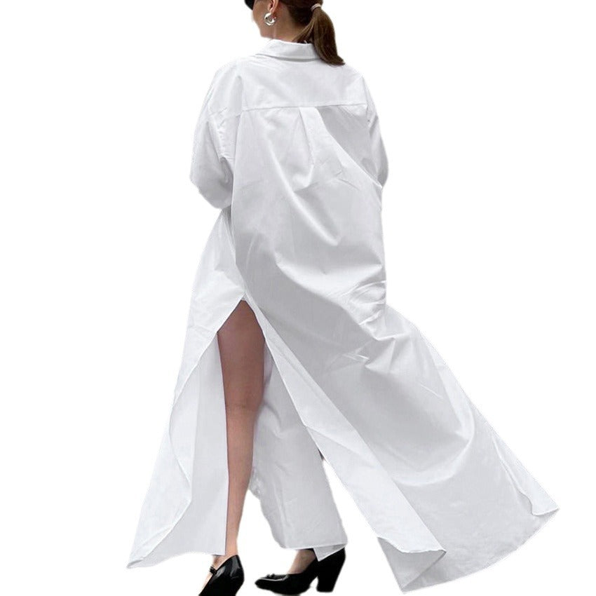 White Pure Cotton Temperament Elegant Split Long-Sleeved Dress New Autumn Fashion Loose Casual Women