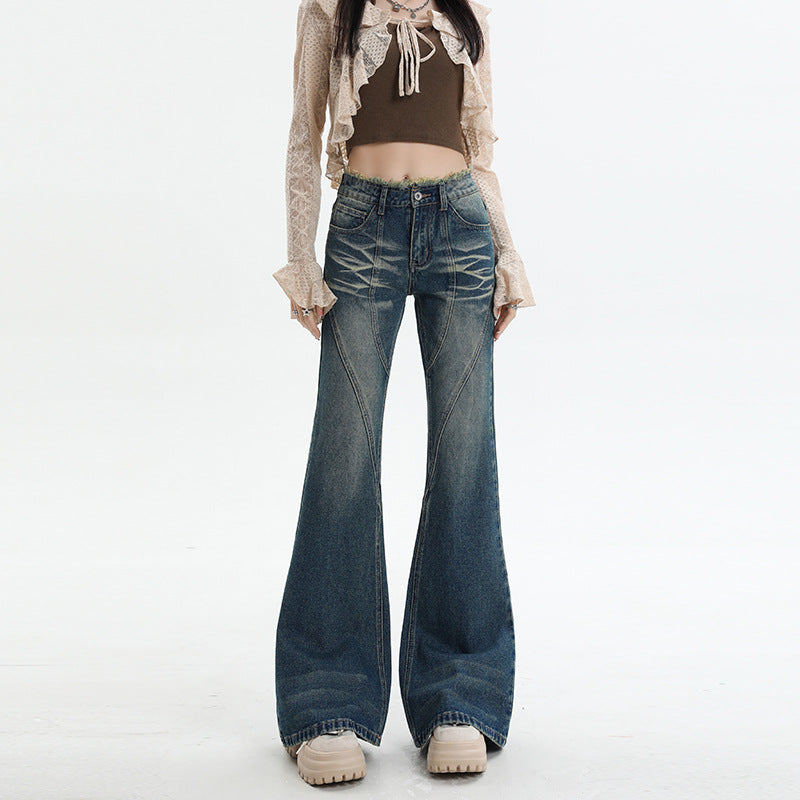 Street Vintage Mid-Waisted Skinny Hottie Jeans Women's Slacks With Wide Legs And Rough Edges