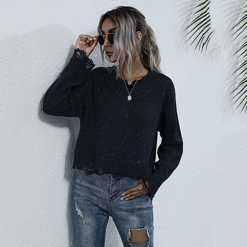 Autumn & Winter Casual Women's Fashion Hole Long Sleeve Black Sweater Short
