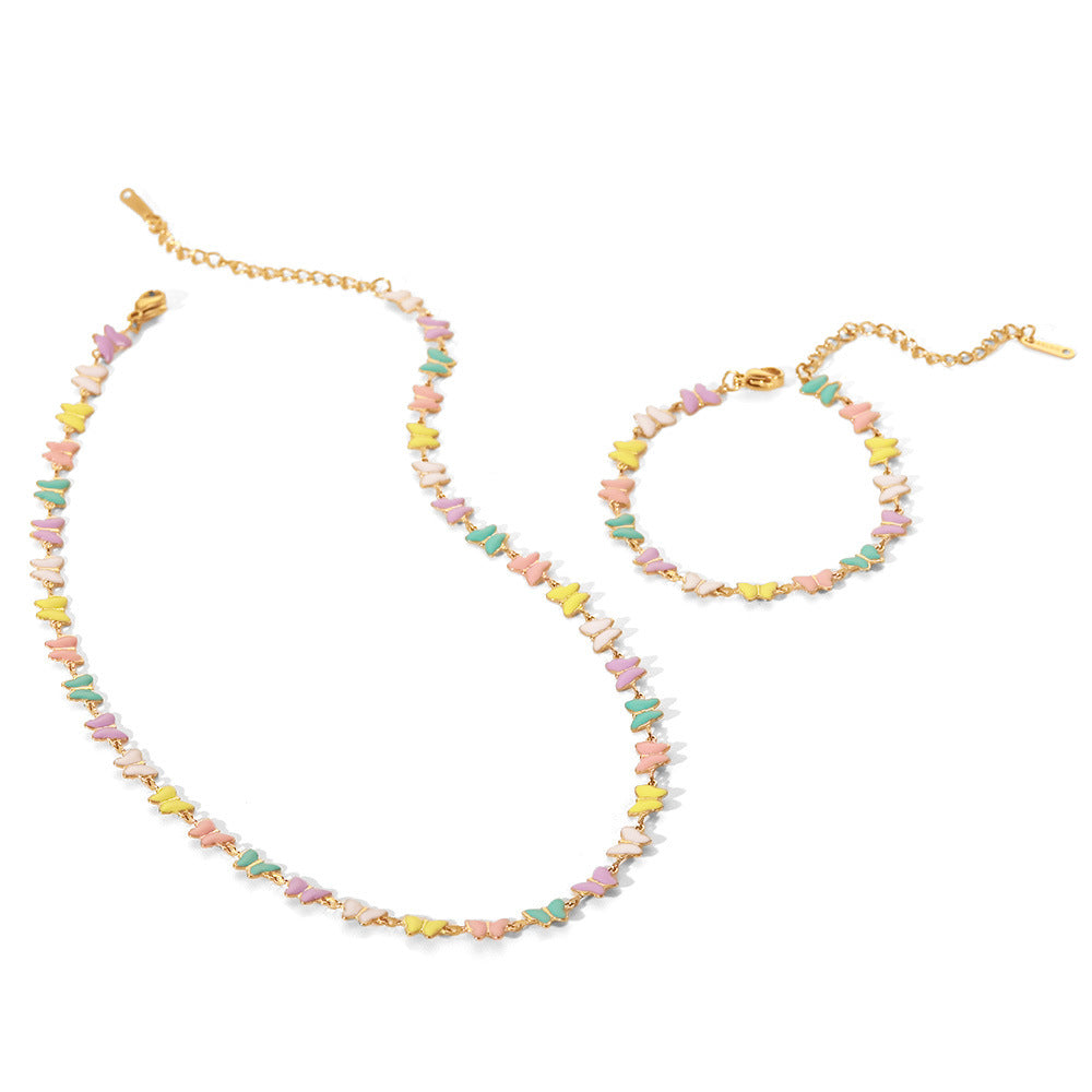 5pcs Women's Fashion 100 Accessorize With 18-Karat Gold Stainless Steel Dripping Bracelet Colorful Enamel Butterfly Collar Necklace Set