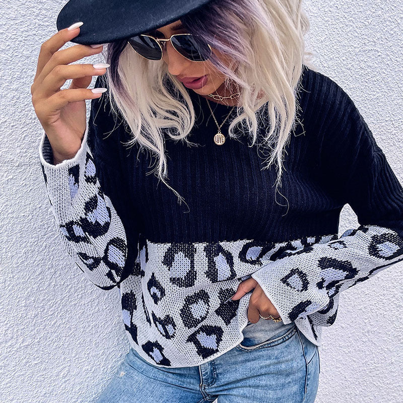 Fashion Women's Autumn Splicing Long-Sleeved Leopard Print Sweater Loose And Lazy