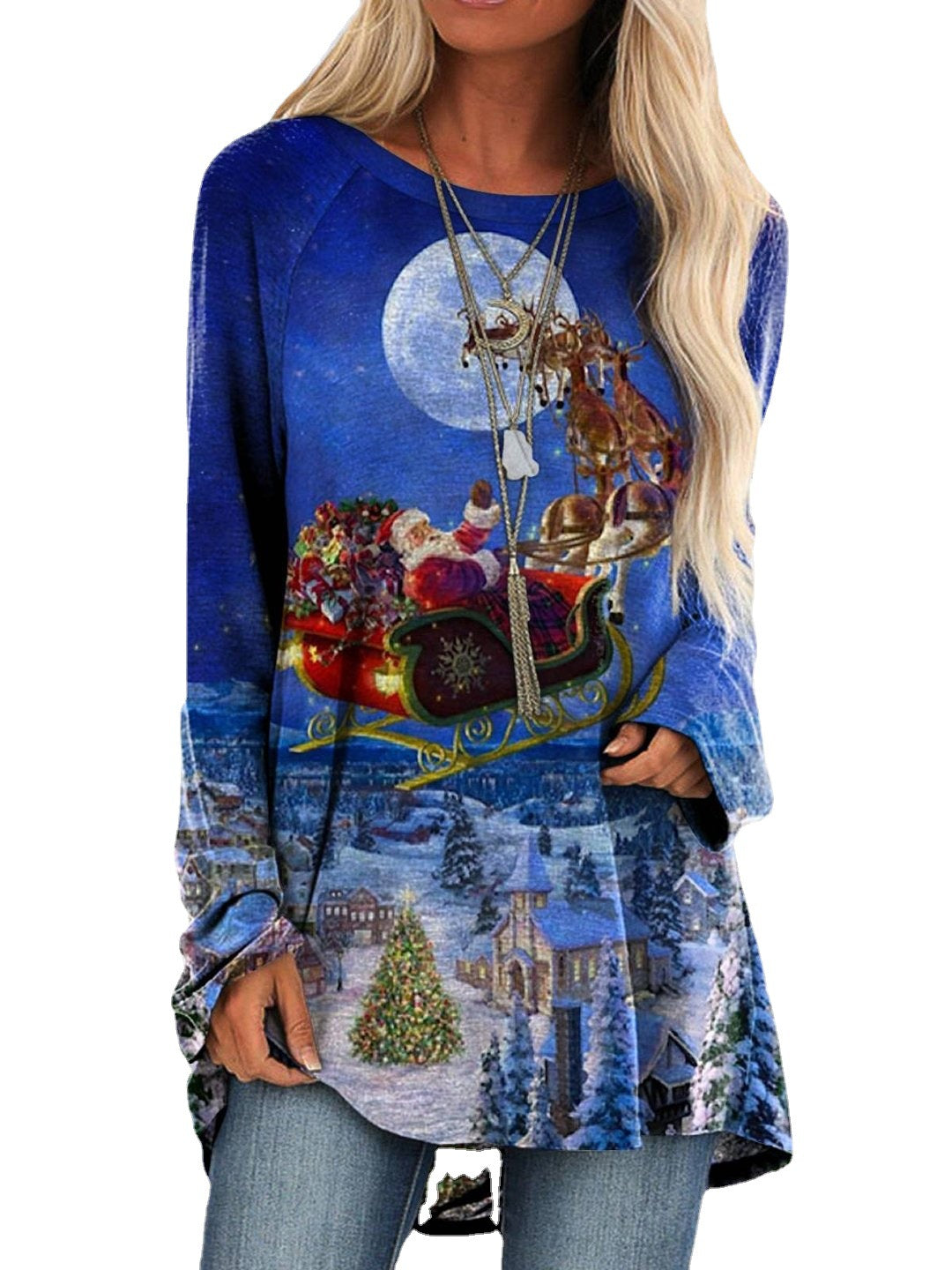 New Straddle Snowflake Print Christmas Tree Highlights Fashion Long-Sleeved T-Shirt Dress