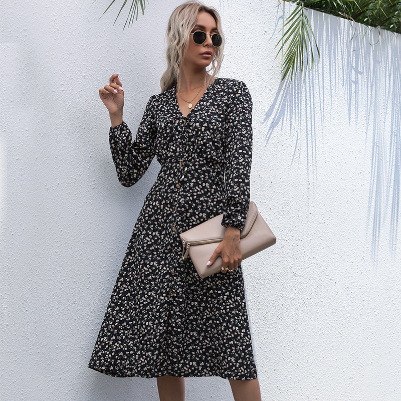 Fashion Women's Black Lace Open Long-Sleeved Floral Dress
