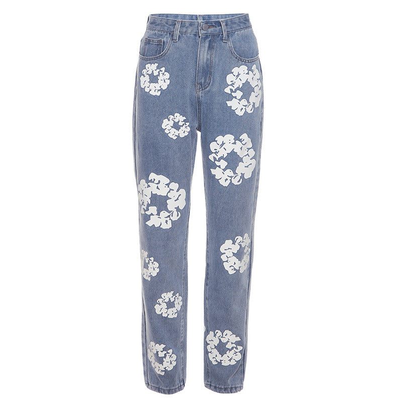 Spring Women's New Street Fashion With Daisy Print High-Waisted Straight-Leg Slim Jeans
