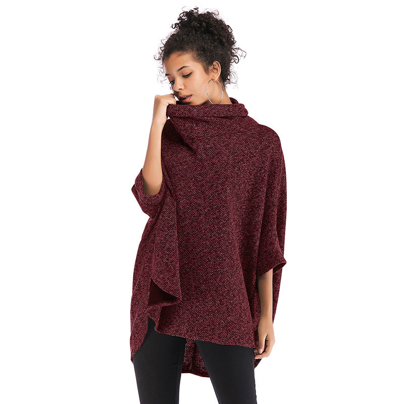 Chic Autumn Elegance: Women's High-Neck Irregular Knitted Long Sleeve Blouse