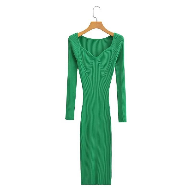 New V-Neck Slim-Fit Knit Dress For Women In Autumn And Winter With A Mid-Length Long-Sleeved Tight Bottom Wrap Hip Skirt