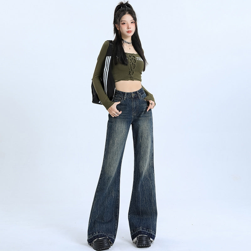 High-Waisted Jeans Women New Autumn And Winter Retro Micro-Trumpet No Elastic Loose Spice Girl Hair-Trimmed Trousers