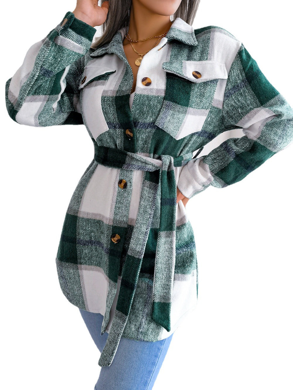 Color Contrast Checkered Long Sleeve Woolen Coat for Women Shacket