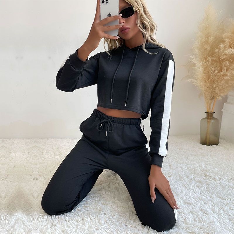 New Women's Long-Sleeved Street Black Hooded Sweatsuit Two-Piece