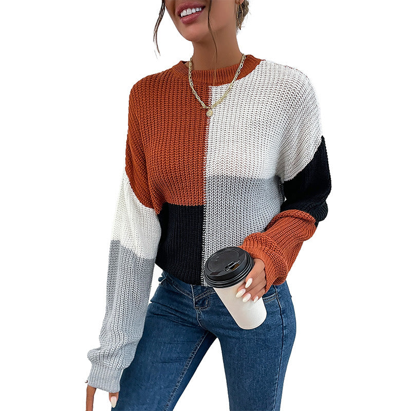 Fashion Women's Autumn Long-Sleeved Color Matching Half-Turtleneck Sweater Loose