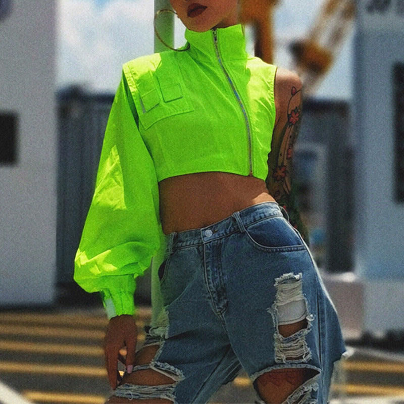 Spring New Fashion Temperament Stand Collar Sexy Off-The-Shoulder Single Sleeve Short Zipper Coat