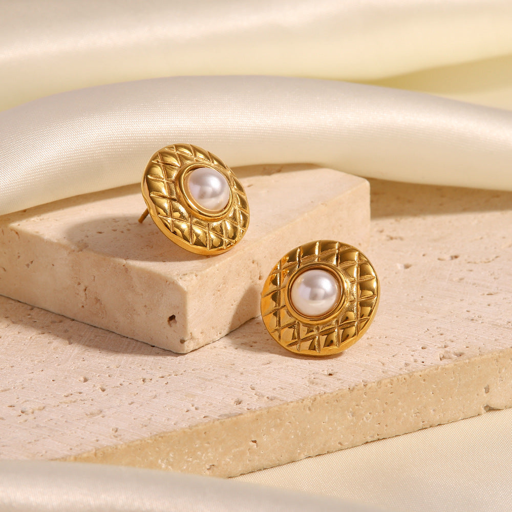 5pcs New 18K Gold Plated Fashion Plaid With Pearl Stud Earrings Fashion Everything Earrings