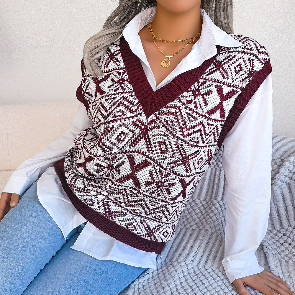 Autumn And Winter Christmas Snow Pattern V-Neck Knitted Vest Sweater Women's Wear