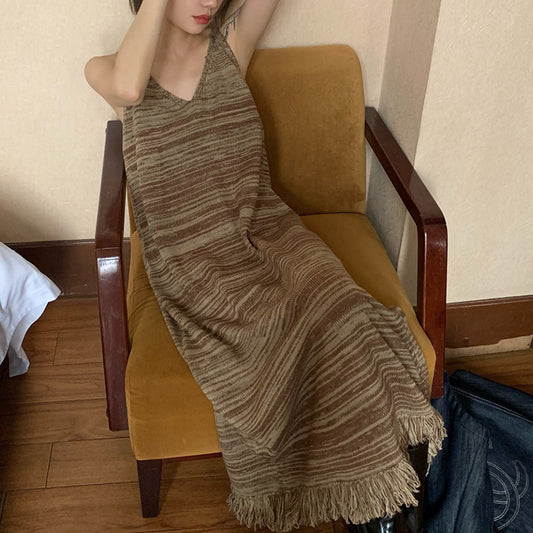 Vintage V-Neck Fringe Striped Knit Slip Dress Women's Spring And Autumn New Dress With A Bottom Over The Knee Skirt Summer