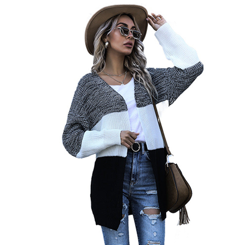 Autumn & Winter Long-Sleeved Match Color Loose Casual Women's Cardigan Sweater Coat