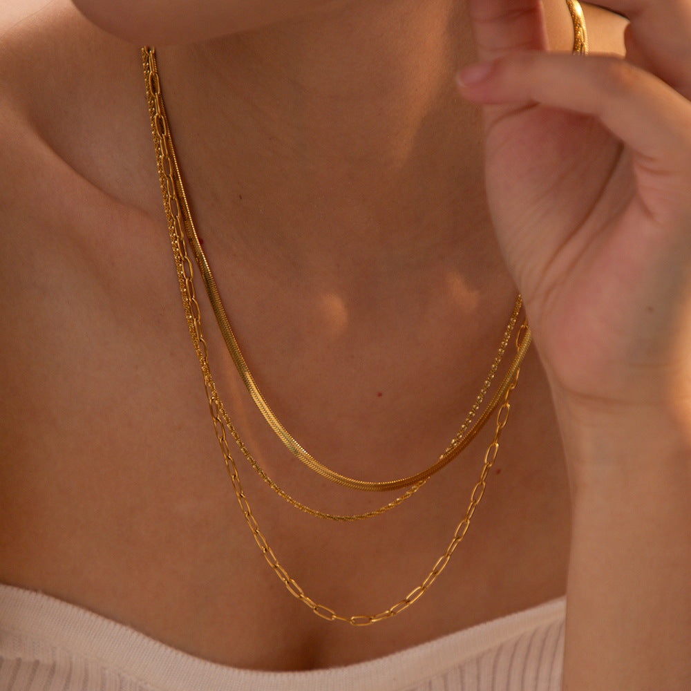 5pcs Necklace 18K Gold Stainless Steel Flat Snake Chain Sparkling Chain Paper Clip Chain Three Layer Necklace