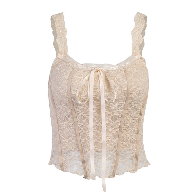 Summer New Solid Color Hollow-Out With A Sling Lace Slim Type Pullover Sexy Vest Woman